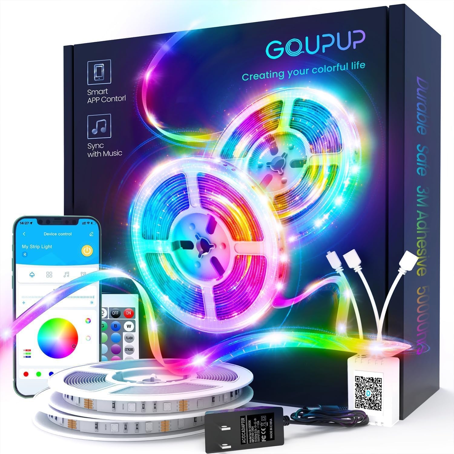 50 FT LED Strip Lights,Bluetooth LED Lights for Bedroom, Color Changing Light Strip with Music Sync, Phone Controller and IR Remote(App+Remote +Mic).