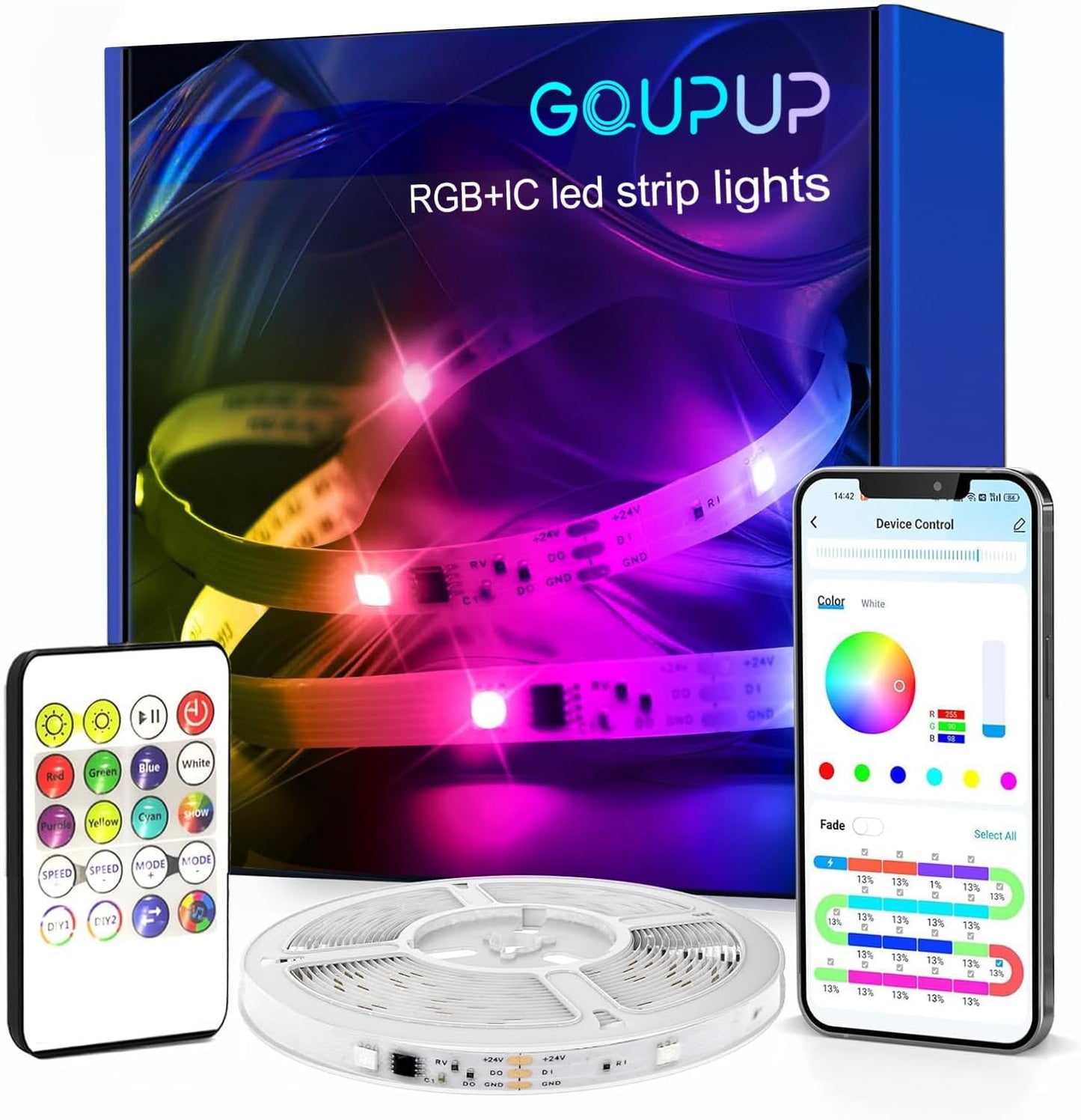 50 FT LED Strip Lights,Bluetooth LED Lights for Bedroom, Color Changing Light Strip with Music Sync, Phone Controller and IR Remote(App+Remote +Mic).